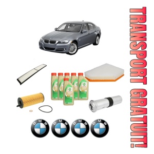 Set Pachet filtre revizie Bosch, 6 litrii ulei Castrol 5W30 BMW Seria 3 (E90) 320 d din 2007-2010, 4x Stickere auto cu BMW