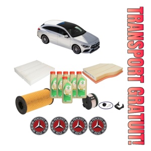 Set Pachet filtre revizie Bosch, 6 litrii ulei Castrol 5W30 MERCEDES-BENZ CLA Shooting Brake (X118) CLA 180 d (118.603) din 2019, 4x Stickere auto cu MERCEDES-BENZ