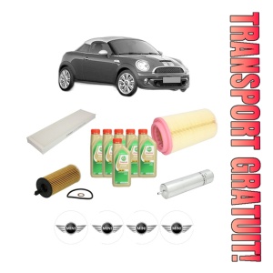 Set Pachet filtre revizie Bosch, 6 litrii ulei Castrol 5W30 MINI MINI Coupe (R58) Cooper SD din 2010-2015, 4x Stickere auto cu MINI
