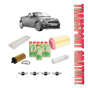 Set Pachet filtre revizie Bosch, 6 litrii ulei Castrol 5W30 MINI MINI Roadster (R59) Cooper SD din 2011-2015, 4x Stickere auto cu MINI