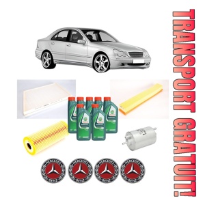 Set Pachet filtre revizie Bosch, 7 litrii ulei Castrol 10W40 MERCEDES-BENZ C-CLASS (W203) C 180 (203.035) din 2000-2002, 4x Stickere auto cu MERCEDES-BENZ