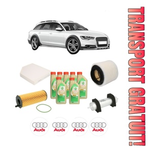 Set Pachet filtre revizie Bosch, 7 litrii ulei Castrol 5W30 AUDI A4 Allroad B8 (8KH) 3.0 TDI quattro din 2009-2012, 4x Stickere auto cu AUDI