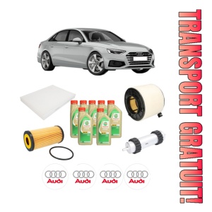 Set Pachet filtre revizie Bosch, 7 litrii ulei Castrol 5W30 AUDI A5 Sportback (F5A, F5F) 3.0 TDI quattro din 2017, 4x Stickere auto cu AUDI