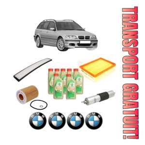Set Pachet filtre revizie Bosch, 7 litrii ulei Castrol 5W30 BMW Seria 3 Touring (E46) 330 i din 2000-2005, 4x Stickere auto cu BMW