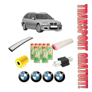 Set Pachet filtre revizie Bosch, 7 litrii ulei Castrol 5W30 BMW Seria 3 Touring (E46) 330 d din 2003-2005, 4x Stickere auto cu BMW