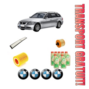 Set Pachet filtre revizie Bosch, 7 litrii ulei Castrol 5W30 BMW Seria 3 Touring (E91) 325 i xDrive din 2008-2012, 4x Stickere auto cu BMW