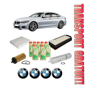 Set Pachet filtre revizie Bosch, 7 litrii ulei Castrol 5W30 BMW Seria 4 Gran Coupe (F36) 430 d xDrive din 2014-2020, 4x Stickere auto cu BMW