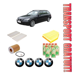 Set Pachet filtre revizie Bosch, 7 litrii ulei Castrol 5W30 BMW Seria 5 Touring (E61) 525 i din 2004-2010, 4x Stickere auto cu BMW