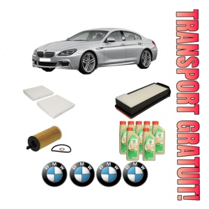 Set Pachet filtre revizie Bosch, 7 litrii ulei Castrol 5W30 BMW Seria 6 Gran Coupe (F06) 640 d din 2012-2018, 4x Stickere auto cu BMW