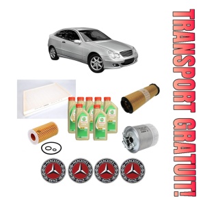 Set Pachet filtre revizie Bosch, 7 litrii ulei Castrol 5W30 MERCEDES-BENZ C-CLASS Coupe (CL203) C 200 CDI (203.707) din 2003-2008, 4x Stickere auto cu MERCEDES-BENZ