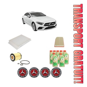 Set Pachet filtre revizie Bosch, 7 litrii ulei Castrol 5W30 MERCEDES-BENZ CLS (C257) CLS 350 EQ Boost 4-matic (257.351) din 2018, 4x Stickere auto cu MERCEDES-BENZ