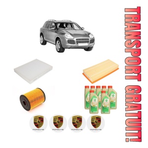 Set Pachet filtre revizie Bosch, 7 litrii ulei Castrol 5W30 PORSCHE CAYENNE (9PA) 3.2 din 2003-2007, 4x Stickere auto cu PORSCHE