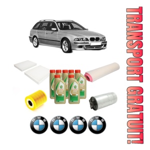 Set Pachet filtre revizie Bosch, 7 litrii ulei Castrol 5W40 BMW Seria 5 Touring (E39) 525 d din 2000-2004, 4x Stickere auto cu BMW