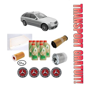 Set Pachet filtre revizie Bosch, 7 litrii ulei Castrol 5W40 MERCEDES-BENZ C-CLASS T-Model (S203) C 220 CDI (203.208) din 2004-2007, 4x Stickere auto cu MERCEDES-BENZ