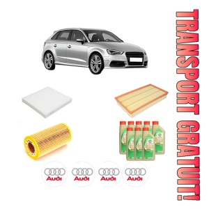Set Pachet filtre revizie Bosch, 8 litrii ulei Castrol 5W30 AUDI A3 Sportback (8VA, 8VF) RS3 quattro din 2017-2020, 4x Stickere auto cu AUDI