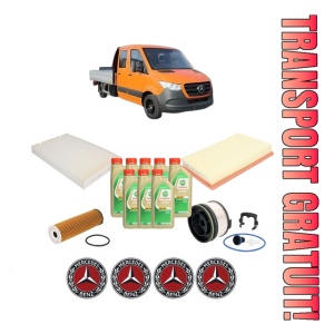 Set Pachet filtre revizie Bosch, 8 litrii ulei Castrol 5W30 MERCEDES-BENZ SPRINTER 3,5-t Platform/Chassis (B907, B910) 315 CDI (910.030) din 2020, 4x Stickere auto cu MERCEDES-BENZ