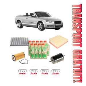 Set Pachet filtre revizie Bosch, 9 litrii ulei Castrol 5W30 AUDI A4 B6 Convertible (8H7) S4 quattro din 2004-2005, 4x Stickere auto cu AUDI