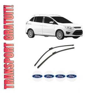 Set stergatoare auto FORD GRAND C-MAX Van din 2010-2019, pentru parbriz auto, 2 bucati, Bosch Aerotwin, din cauciuc siliconat rezistent, 4 Stickere Auto FORD