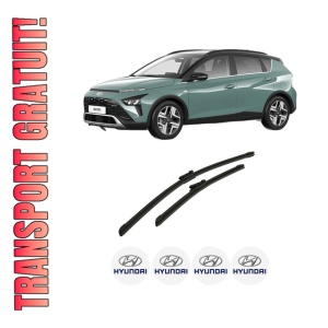 Set stergatoare auto HYUNDAI BAYON (BC3) din 2021-2023, pentru parbriz auto, 2 bucati, Bosch Aerotwin, din cauciuc siliconat rezistent, 4 Stickere Auto HYUNDAI