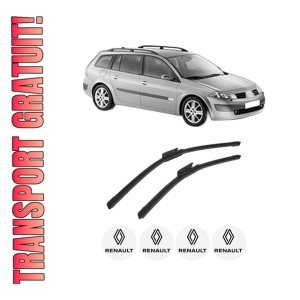 Set stergatoare auto RENAULT MEGANE II Estate (KM0/1_) din 2003-2011, pentru parbriz auto, 2 bucati, Bosch Aerotwin, din cauciuc siliconat rezistent, 4 Stickere Auto RENAULT