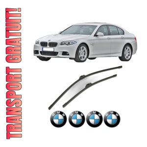 Set stergatoare BMW Seria 5 (F10) din 2009-2016, pentru parbriz auto, 2 bucati, Bosch Aerotwin, din cauciuc siliconat rezistent, 4 Stickere Auto BMW Seria