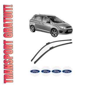 Set stergatoare FORD GRAND C-MAX (DXA/CB7, DXA/CEU) din 2010-2019, pentru parbriz auto, 2 bucati, Bosch Aerotwin, din cauciuc siliconat rezistent, 4 Stickere Auto FORD