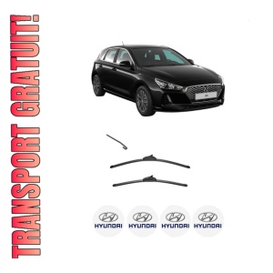 Set stergatoare HYUNDAI i30 (PDE, PD, PDEN) din 2016-2021, pentru parbriz auto, 2 bucati, Valeo Silencio, din cauciuc siliconat rezistent, 4 Stickere Auto HYUNDAI