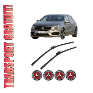 Set stergatoare MERCEDES-BENZ A-CLASS (W176) din 2012-2018, pentru parbriz auto, 2 bucati, Bosch Aerotwin, din cauciuc siliconat rezistent, 4 Stickere Auto MERCEDES-BENZ