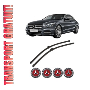 Set stergatoare MERCEDES-BENZ C-CLASS (W205) din 2013-2021, pentru parbriz auto, 2 bucati, Valeo Silencio Xtrm, din cauciuc siliconat rezistent, 4 Stickere Auto MERCEDES-BENZ