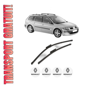 Set stergatoare RENAULT MEGANE II Estate (KM0/1_) din 2003-2011, pentru parbriz auto, 2 bucati, Valeo Silencio Xtrm, din cauciuc siliconat rezistent, 4 Stickere Auto RENAULT