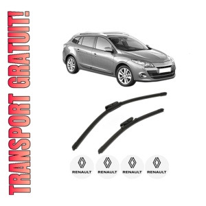 Set stergatoare RENAULT MEGANE III Grandtour (KZ0/1) din 2008-2016, pentru parbriz auto, 2 bucati, Bosch Aerotwin, din cauciuc siliconat rezistent, 4 Stickere Auto RENAULT - Img 1
