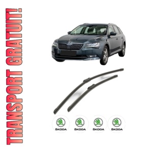 Set stergatoare SKODA SUPERB III Estate (3V5) din 2015-2024, pentru parbriz auto, 2 bucati, Bosch Aerotwin, din cauciuc siliconat rezistent, 4 Stickere Auto SKODA