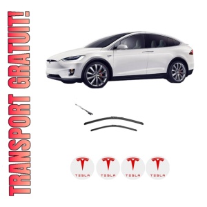 Set stergatoare TESLA MODEL X (5YJX) din 2015-2023, pentru parbriz auto, 2 bucati, Valeo AquaBlade, din cauciuc siliconat rezistent, 4 Stickere Auto TESLA