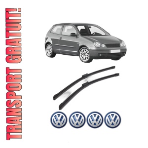 Set stergatoare Volkswagen POLO IV (9N_, 9A_) din 2001-2009, pentru parbriz auto, 2 bucati, Bosch Aerotwin, din cauciuc siliconat rezistent, 4 Stickere Auto Volkswagen