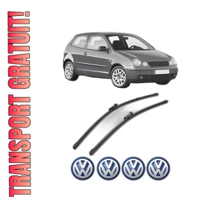 Set stergatoare Volkswagen POLO IV (9N_, 9A_) din 2001-2009, pentru parbriz auto, 2 bucati, Valeo Silencio Xtrm, din cauciuc siliconat rezistent, 4 Stickere Auto Volkswagen