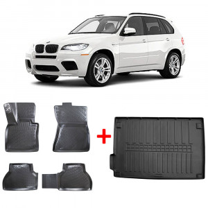 Bmw II X5 E70 2006-2013 Set 4 covorase auto din cauciuc tip tavita Premium Line 3D + Tavita portbagaj Modern Line