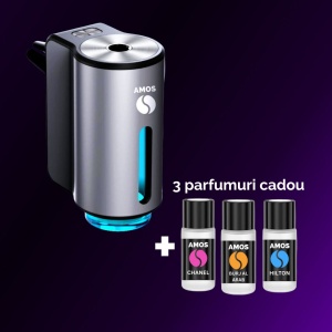 Difuzor Parfum Auto AMOS Mini Gri, 3 Arome Incluse Cadou, Odorizant Inteligent, USB, Parfum Intens, Design Premium - Img 2