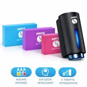 Difuzor parfum auto AMOS Mini Negru, 3 seturi rezerve parfum 21 arome, odorizant inteligent, arome intense, 3 trepte intensitate