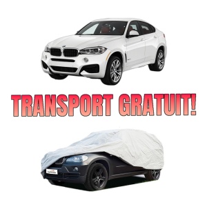 Husa tip prelata auto BMW X6 (F16, F86) din 2014-2019, Culoare Gri, material textil impermeabil, rezistanta la intemperii praf UV, CARPASSION Husa Protectie, 4 Stickere auto cu BMW
