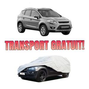 Husa tip prelata auto FORD KUGA I din 2008-2012, Culoare Gri, material textil impermeabil, rezistanta la intemperii praf UV, CARPASSION Husa Protectie, 4 Stickere auto cu FORD