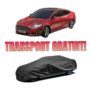 Husa tip prelata auto FORD MONDEO V Hatchback (CE) din 2014-2019, Culoare Negru, material textil impermeabil, rezistanta la intemperii praf UV, CARPASSION Husa Protectie, 4 Stickere auto cu FORD