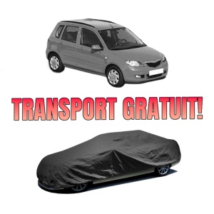 Husa tip prelata auto MAZDA 2 (DY) din 2003-2007, Culoare Negru, material textil impermeabil, rezistanta la intemperii praf UV, CARPASSION Husa Protectie, 4 Stickere auto cu MAZDA