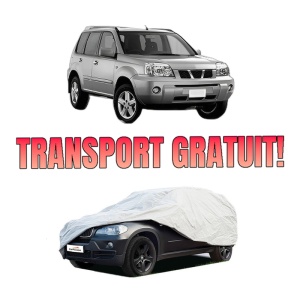 Husa tip prelata auto NISSAN X-TRAIL I (T30) din 2001-2013, Culoare Gri, material textil impermeabil, rezistanta la intemperii praf UV, CARPASSION Husa Protectie, 4 Stickere auto cu NISSAN