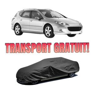 Husa tip prelata auto PEUGEOT 407 SW (6E_, 6D_) din 2004-2010, Culoare Negru, material textil impermeabil, rezistanta la intemperii praf UV, CARPASSION Husa Protectie, 4 Stickere auto cu PEUGEOT