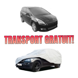 Husa tip prelata auto PEUGEOT 5008 I Van (0U_) din 2012-2017, Culoare Gri, material textil impermeabil, rezistanta la intemperii praf UV, CARPASSION Husa Protectie, 4 Stickere auto cu PEUGEOT