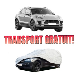 Husa tip prelata auto PORSCHE MACAN (95B) din 2014-2018, Culoare Gri, material textil impermeabil, rezistanta la intemperii praf UV, CARPASSION Husa Protectie, 4 Stickere auto cu PORSCHE