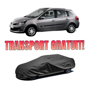 Husa tip prelata auto RENAULT CLIO III Grandtour (KR0/1_) din 2007-2014, Culoare Negru, material textil impermeabil, rezistanta la intemperii praf UV, CARPASSION Husa Protectie, 4 Stickere auto cu RENAULT