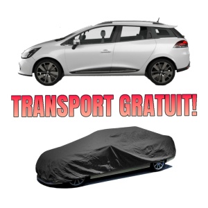 Husa tip prelata auto RENAULT CLIO IV Estate Van (KH_) din 2014-2021, Culoare Negru, material textil impermeabil, rezistanta la intemperii praf UV, CARPASSION Husa Protectie, 4 Stickere auto cu RENAULT