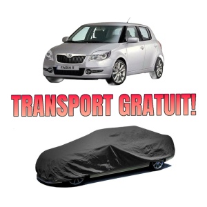 Husa tip prelata auto SKODA FABIA II (542) din 2006-2014, Culoare Negru, material textil impermeabil, rezistanta la intemperii praf UV, CARPASSION Husa Protectie, 4 Stickere auto cu SKODA