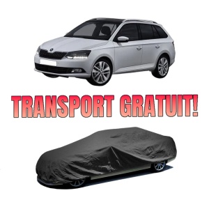 Husa tip prelata auto SKODA FABIA III Estate (NJ5) din 2014-2022, Culoare Negru, material textil impermeabil, rezistanta la intemperii praf UV, CARPASSION Husa Protectie, 4 Stickere auto cu SKODA